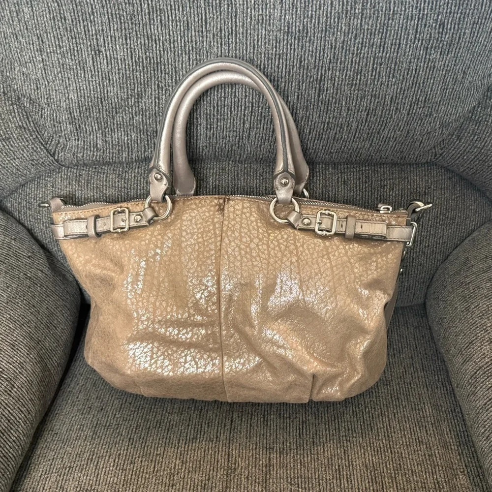 Coach Tan Metallic Madison Satchel with Double Handles and Detachable Strap